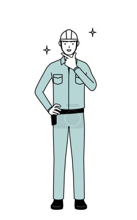 Hombre con casco y ropa de trabajo en una pose segura, Vector Illustration