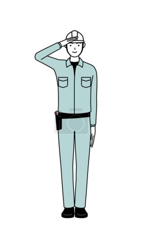 Ilustración de Hombre en casco y ropa de trabajo haciendo un saludo, Vector Illustration - Imagen libre de derechos