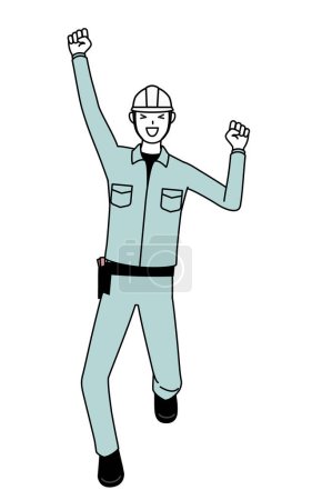 Man in helmet and workwear smiling and jumping, Vector Illustration