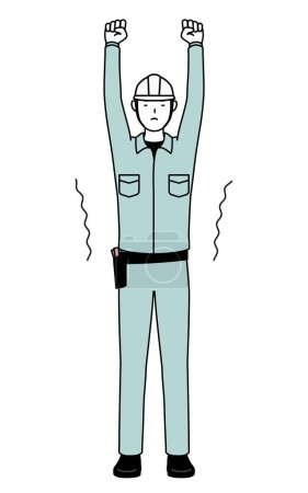 Man in helmet and workwear stretching and standing tall, Vector Illustration