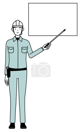 Female engineer in helmet and work wear pointing at a whiteboard with an indicator stick, Vector Illustration