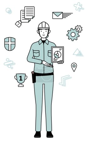Image of DX, Female engineer in helmet and work wear using digital technology to improve her business, Vector Illustration