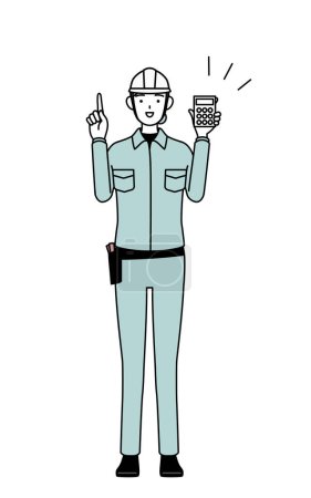 Female engineer in helmet and work wear holding a calculator and pointing, Vector Illustration
