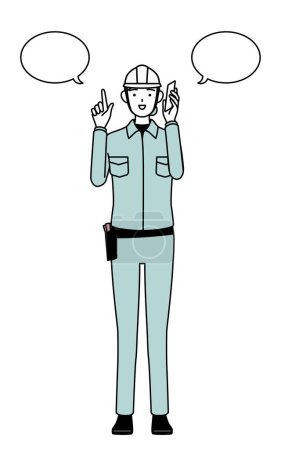 Female engineer in helmet and work wear pointing while on the phone, Vector Illustration
