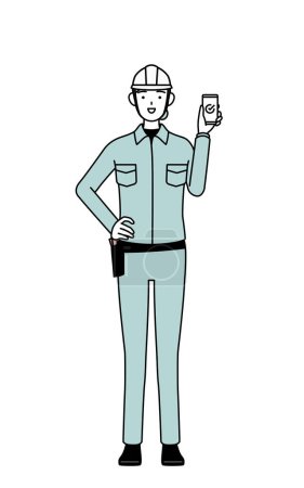 Ingénieur féminin en casque et vêtements de travail à l'aide d'un smartphone au travail, Illustration vectorielle