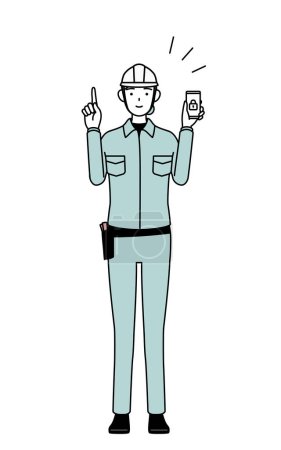 Ingenieurin in Helm und Arbeitskleidung, die Sicherheitsmaßnahmen für ihr Telefon ergreift, Vector Illustration