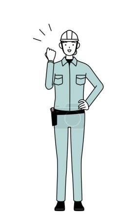 Female engineer in helmet and work wear posing with guts, Vector Illustration