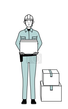 Female engineer in helmet and work wear working to carry cardboard boxes, Vector Illustration