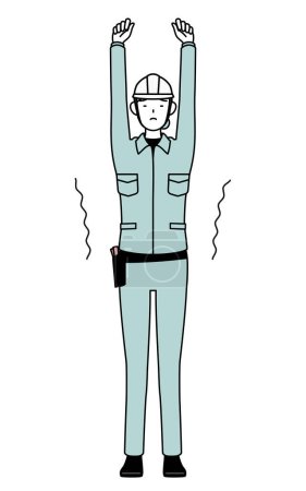 Female engineer in helmet and work wear stretching and standing tall, Vector Illustration