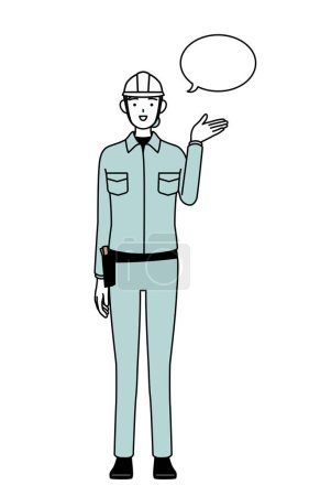 Female engineer in helmet and work wear giving directions, with a wipeout, Vector Illustration