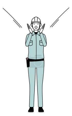 Female engineer in helmet and work wear calling out with her hand over her mouth, Vector Illustration