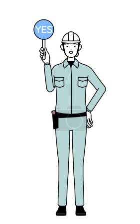 Female engineer in helmet and work wear holding a maru placard that shows the correct answer, Vector Illustration