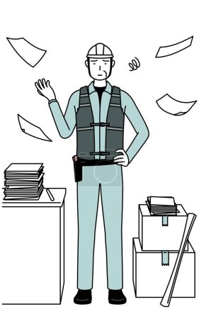 Ingeniero masculino senior en casco y ropa de trabajo que está harto de su negocio no organizado, Vector Illustration