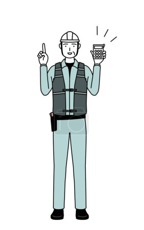 Senior male engineer in helmet and work wear holding a calculator and pointing, Vector Illustration