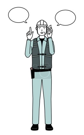 Ilustración de Ingeniero masculino sénior en casco y desgaste de trabajo señalando mientras está en el teléfono, Vector Illustration - Imagen libre de derechos