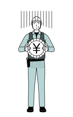 Senior männliche Ingenieur in Helm und Arbeit tragen ein Bild von Währungsverlust oder Yen-Abwertung, Vector Illustration