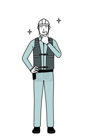 Senior männlicher Ingenieur mit Helm und Arbeitskleidung in einer selbstbewussten Pose, Vector Illustration