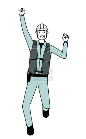 Senior male engineer in helmet and work wear smiling and jumping, Vector Illustration