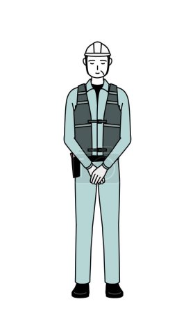 Senior male engineer in helmet and work wear bowing with folded hands, Vector Illustration