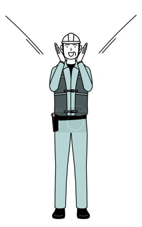 Ingeniero masculino sénior en casco y ropa de trabajo gritando con la mano sobre la boca, Vector Illustration