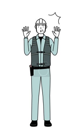 Ilustración de Ingeniero masculino sénior en casco y ropa de trabajo levantando la mano por sorpresa, Vector Illustration - Imagen libre de derechos