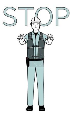 Ilustración de Ingeniero masculino sénior en casco y ropa de trabajo con las manos en frente de su cuerpo, señalando una parada, Vector Illustration - Imagen libre de derechos