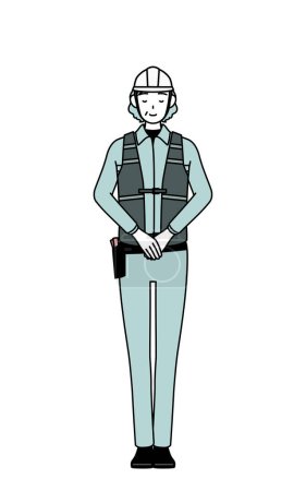 Senior female engineer in helmet and work wear bowing with folded hands, Vector Illustration