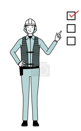 Ilustración de Ingeniera sénior en casco y ropa de trabajo señalando una lista de verificación, Vector Illustration - Imagen libre de derechos