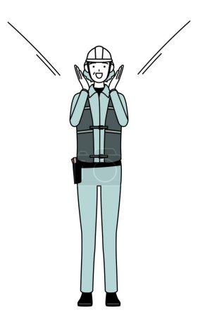 Senior female engineer in helmet and work wear calling out with her hand over her mouth, Vector Illustration