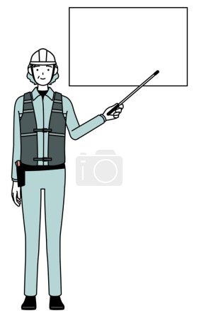 Senior female engineer in helmet and work wear pointing at a whiteboard with an indicator stick, Vector Illustration