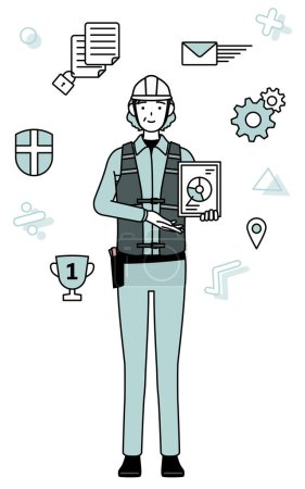 Illustration for Image of DX, Senior female engineer in helmet and work wear using digital technology to improve her business, Vector Illustration - Royalty Free Image