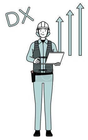 Ilustración de Imagen de DX, ingeniera sénior en casco y ropa de trabajo que ha mejorado con éxito su negocio, Vector Illustration - Imagen libre de derechos