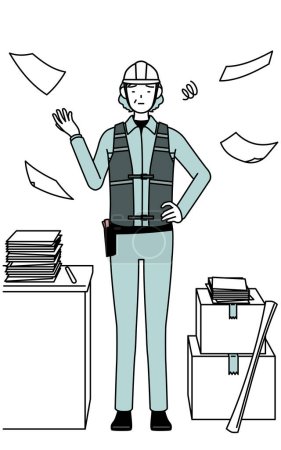 Senior female engineer in helmet and work wear who is fed up with her unorganized business, Vector Illustration