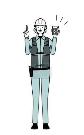 Senior female engineer in helmet and work wear holding a calculator and pointing, Vector Illustration