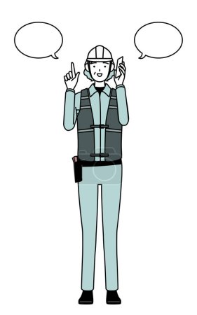Senior female engineer in helmet and work wear pointing while on the phone, Vector Illustration