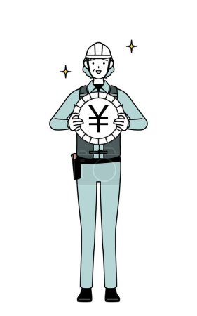 Senior female engineer in helmet and work wear an image of foreign exchange gains and yen appreciation, Vector Illustration
