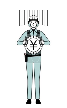 Ilustración de Ingeniera senior en casco y trabajo lleva una imagen de pérdida de intercambio o depreciación del yen, Vector Illustration - Imagen libre de derechos
