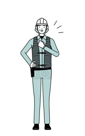 Senior female engineer in helmet and work wear tapping her chest, Vector Illustration