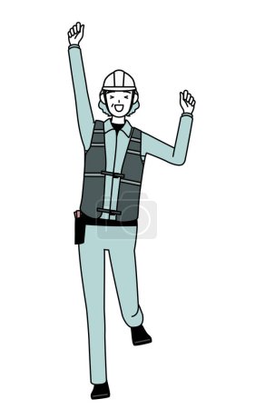 Senior female engineer in helmet and work wear smiling and jumping, Vector Illustration