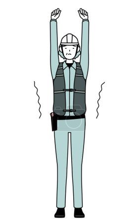 Senior female engineer in helmet and work wear stretching and standing tall, Vector Illustration