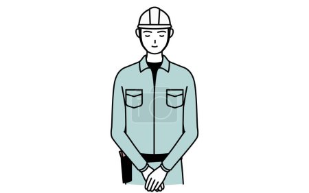 Man in helmet and workwear bowing with folded hands, Vector Illustration