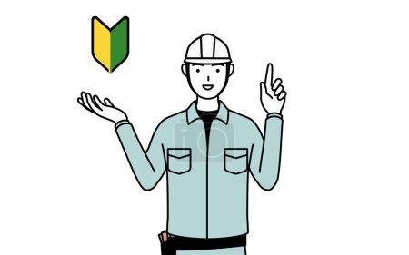 Ilustración de Hombre con casco y ropa de trabajo que muestra el símbolo de las hojas jóvenes, Vector Illustration - Imagen libre de derechos