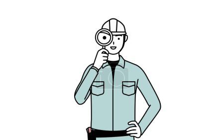 Homme en casque et vêtements de travail regardant à travers des loupes, Illustration vectorielle