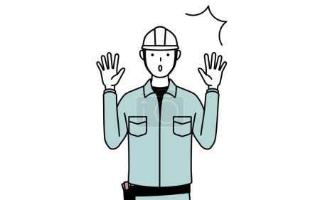 Man in helmet and workwear raising his hand in surprise, Vector Illustration