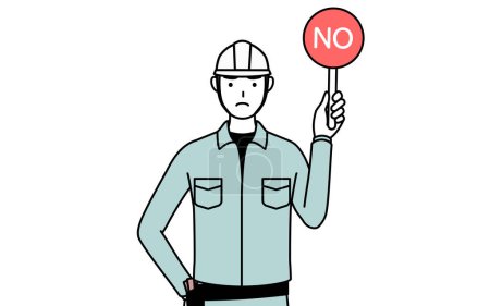 Ilustración de Hombre con casco y ropa de trabajo sosteniendo una pancarta con una X indicando respuesta incorrecta, Vector Illustration - Imagen libre de derechos