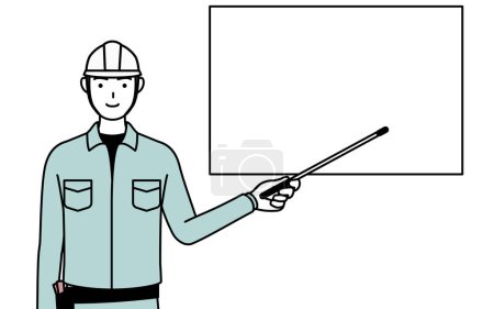 Homme en casque et vêtements de travail pointant vers un tableau blanc avec un bâton indicateur, Illustration vectorielle
