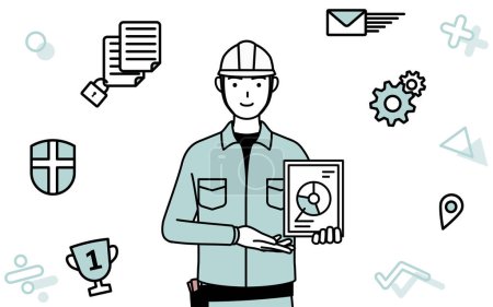 Image of DX, Man in helmet and workwear using digital technology to improve his business, Vector Illustration