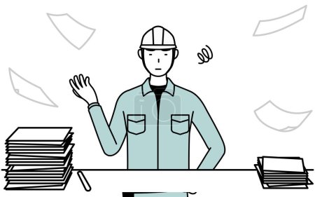 Mann mit Helm und Arbeitskleidung, der genug hat von seinem unorganisierten Geschäft, Vector Illustration