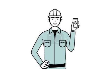 Mann in Helm und Arbeitskleidung mit Smartphone bei der Arbeit, Vector Illustration