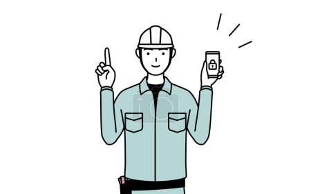 Mann mit Helm und Arbeitskleidung, der Sicherheitsmaßnahmen für sein Handy ergreift, Vector Illustration